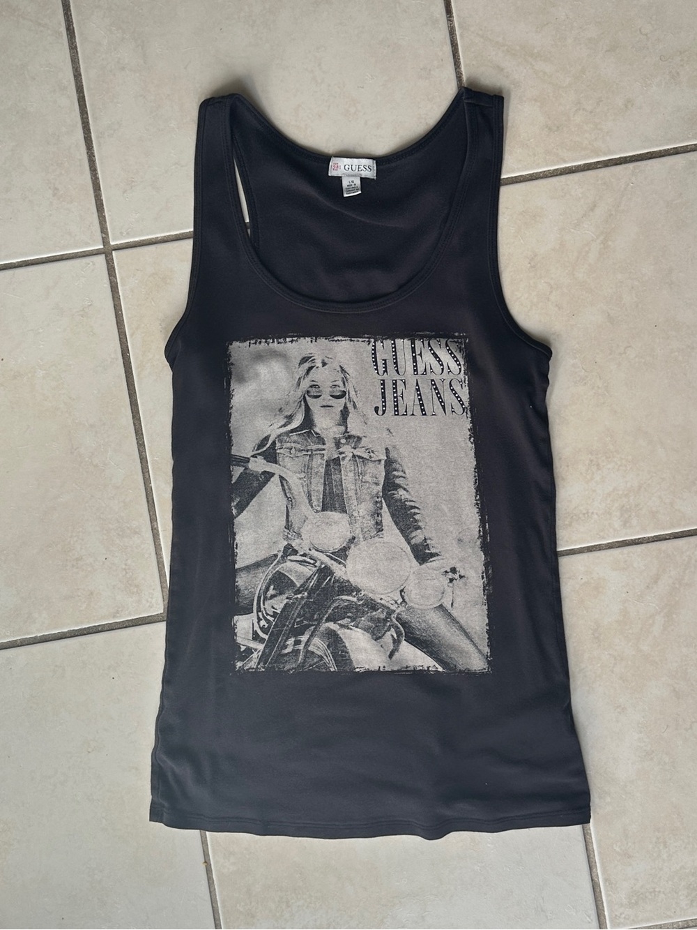 Guess Black Tank Top with Grayscale Motorcycle Graphic